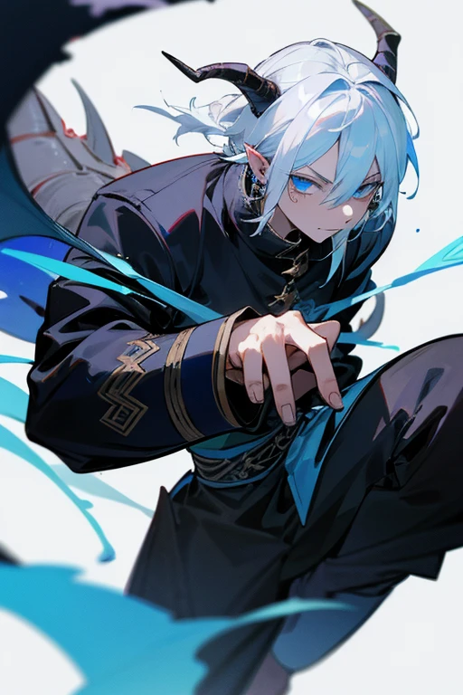 a dragon man with blue details with white hair with black details, with 2 black horns and dragon teeth earrings