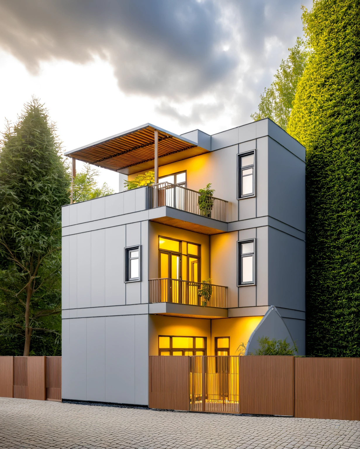 Raw photo,Masterpiece, high quality, best quality, authentic, super detail,
exterior, outdoors, house style modern on the street, glass windows, gate, wooden ceiling,
road,pavement, trees, sky, cloud, (daylight:1.1)