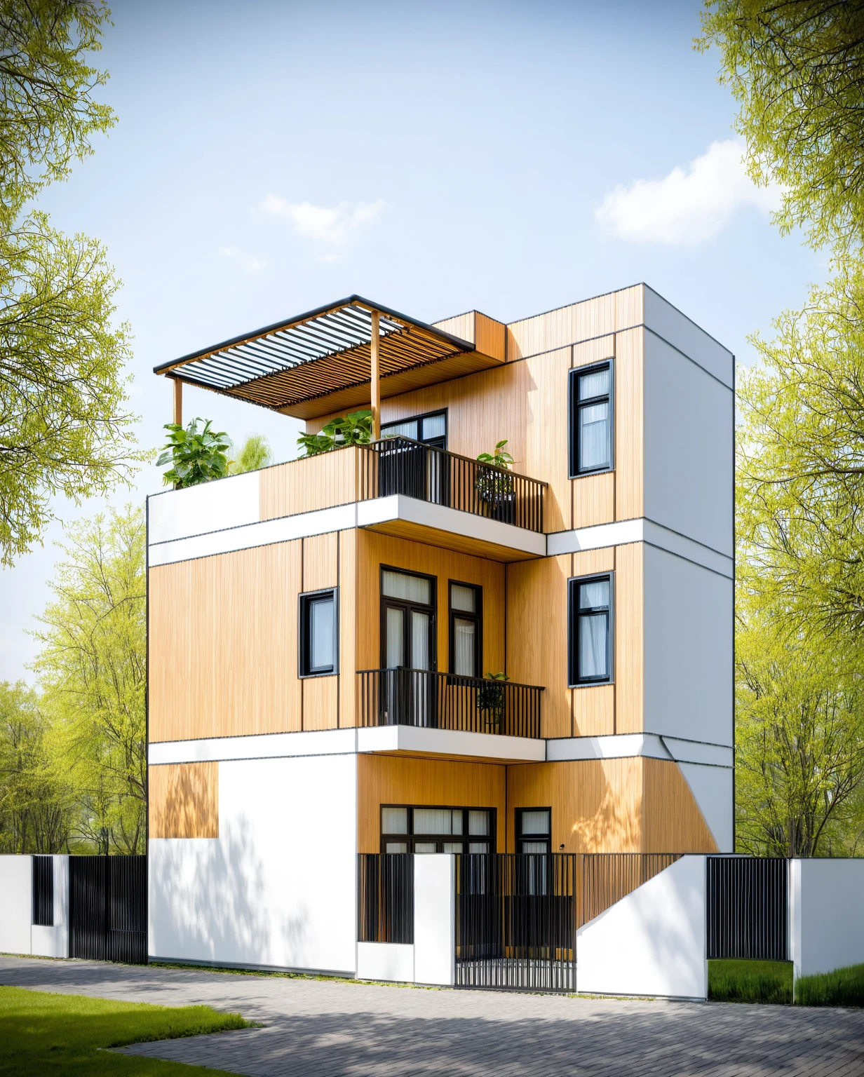 Raw photo,Masterpiece, high quality, best quality, authentic, super detail,
exterior, outdoors, house style modern on the street, glass windows, gate, wooden ceiling,
road,pavement, trees, sky, cloud, (daylight:1.1)