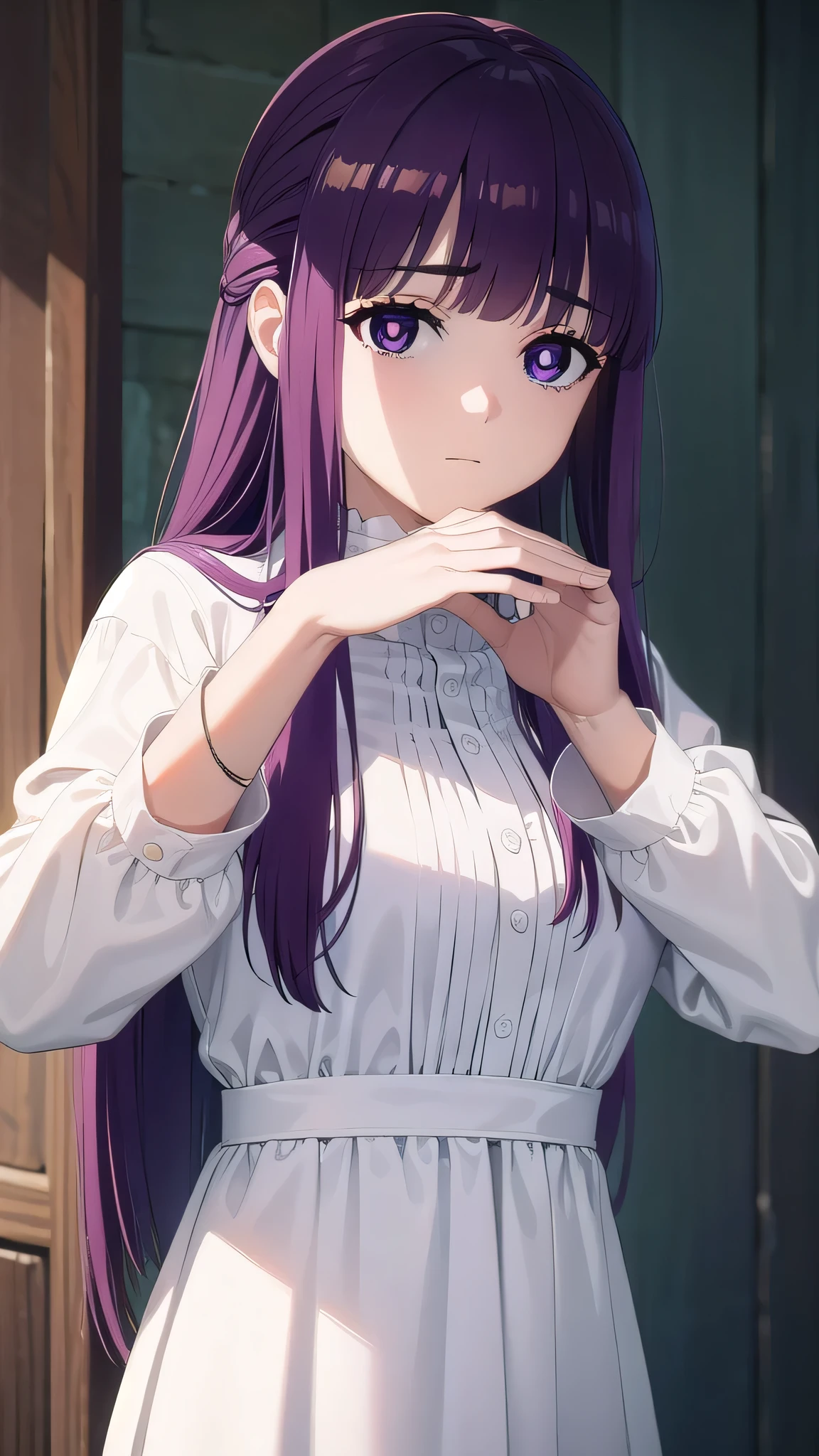 BREAK looking at viewer, BREAK (masterpiece:1.2), best quality, high resolution, unity 8k wallpaper, (illustration:0.8), (beautiful detailed eyes:1.6), extremely detailed face, perfect lighting, extremely detailed CG, (perfect hands, perfect anatomy)fern, long hair, bangs, (purple eyes:1.1), purple hair, sidelocks, blunt bangs, (bright pupils:1.5), half updo,
long sleeves, dress, white dress, long dress,