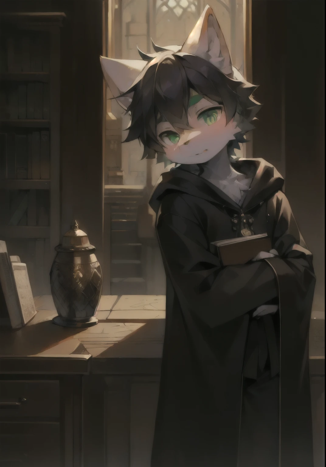 furry cat with white fur, green eye, boy, teen, (cute:1.2), tilt head slightly, (solo:1.5), black robe, with books in arm, soft natural light, middle ages, cinematic lighting, depth of field, ray tracing, UHD, best quality, masterpiece, accurate, anatomically correct