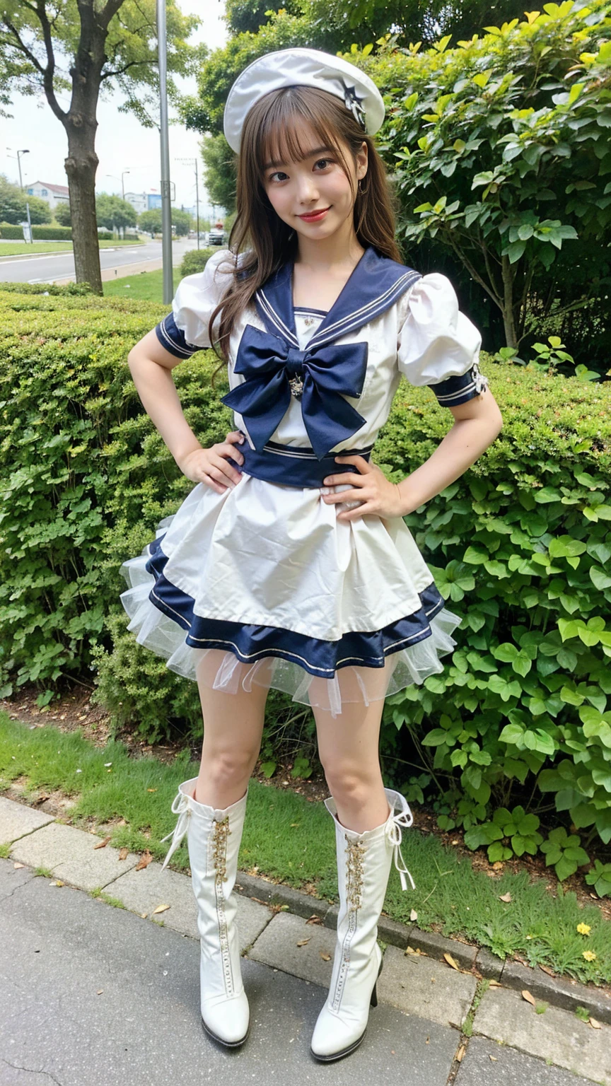 (8K、RAW Photos、Highest quality、masterpiece:1.2)、(Highest quality、Realistic)、1 Girl、((ribbon、Sailor suit、Sweater Moon Costume、See-through、Frills、Big Breasts、Breast enlargement、smile、light blue、mini skirt、Thin legs、whole body、boots、garden、View from the front、Looking into the camera、Idol Costume、Stand with hands on hips))、cute