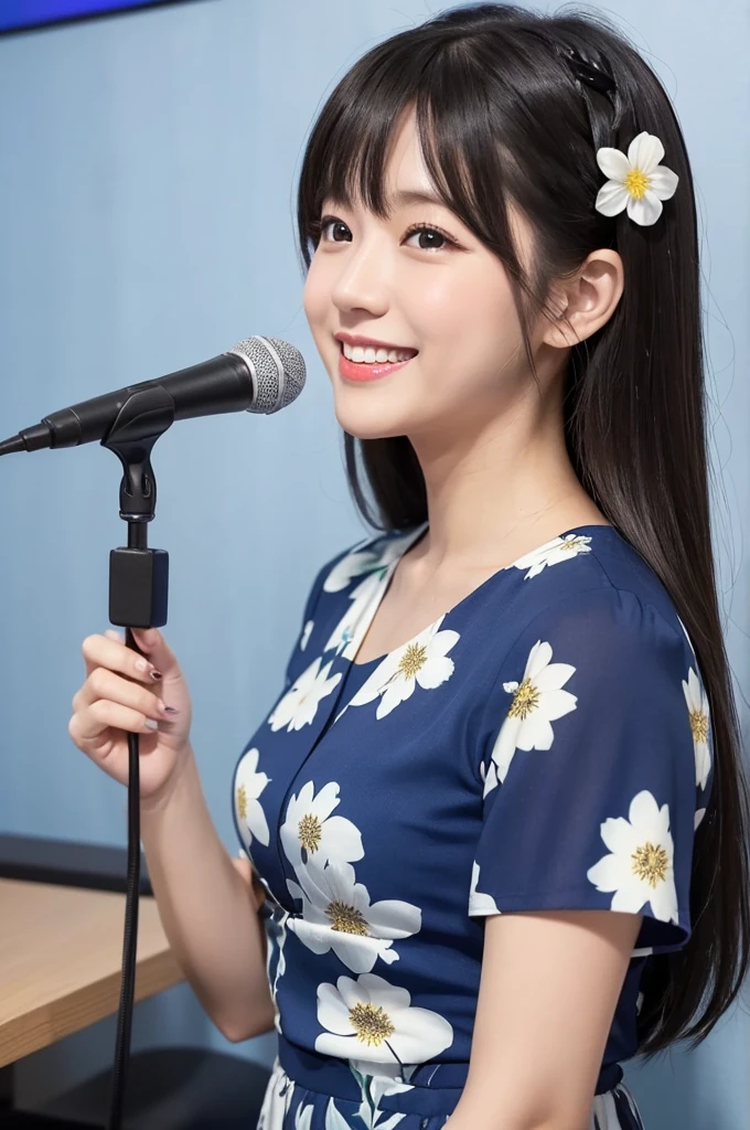 Have flowing medium length hair、Very Beautiful Japan Woman。She is wearing a short-sleeved floral dress.、She has striking bluish-black eyes and a bright smile.、Singing happily。The background is a simple white wall karaoke bar.。
The image style is realistic。