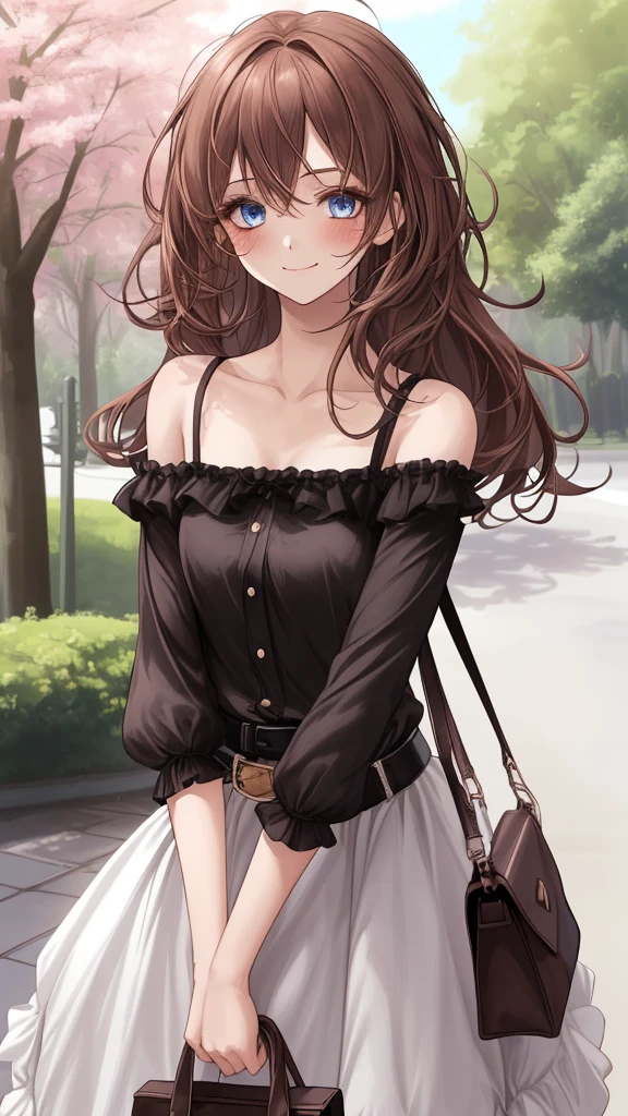 1girl, solo, long hair, breasts, looking at viewer, messy hair, blush, smile, bangs, blue eyes, brown hair, shirt, medium breasts, closed mouth, collarbone, upper body, flower, small cleavage, sleeves short, belt on dress, bare shoulders, outdoors, day, raised hand, bag, tree, black shirt, hand in hair, bench