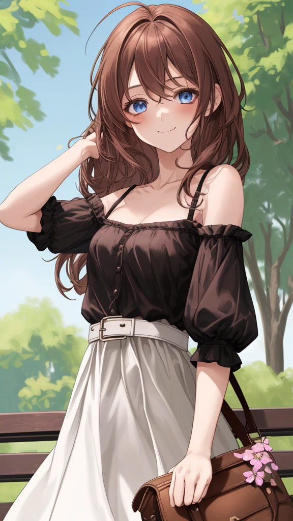 1girl, solo, long hair, breasts, looking at viewer, messy hair, blush, smile, bangs, blue eyes, brown hair, shirt, medium breasts, closed mouth, collarbone, upper body, flower, small cleavage, sleeves short, belt on dress, bare shoulders, outdoors, day, raised hand, bag, tree, black shirt, hand in hair, bench