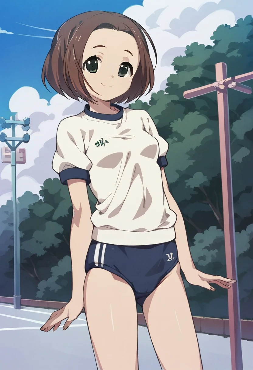 score_9, score_8_up, score_7_up, 
1girl, makiba rika, brown hair, medium hair, black eyes, parted bangs, forehead,

gym uniform, buruma, small breasts, standing, outdoors, smile, cute, looking at viewer,