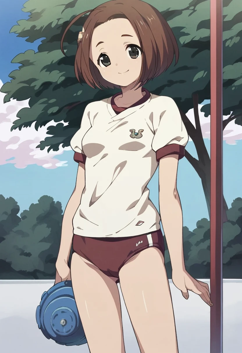 score_9, score_8_up, score_7_up,
1girl, makiba rika, brown hair, medium hair, black eyes, parted bangs, forehead,
gym uniform, buruma, small breasts, standing, outdoors, smile, cute, looking at viewer,