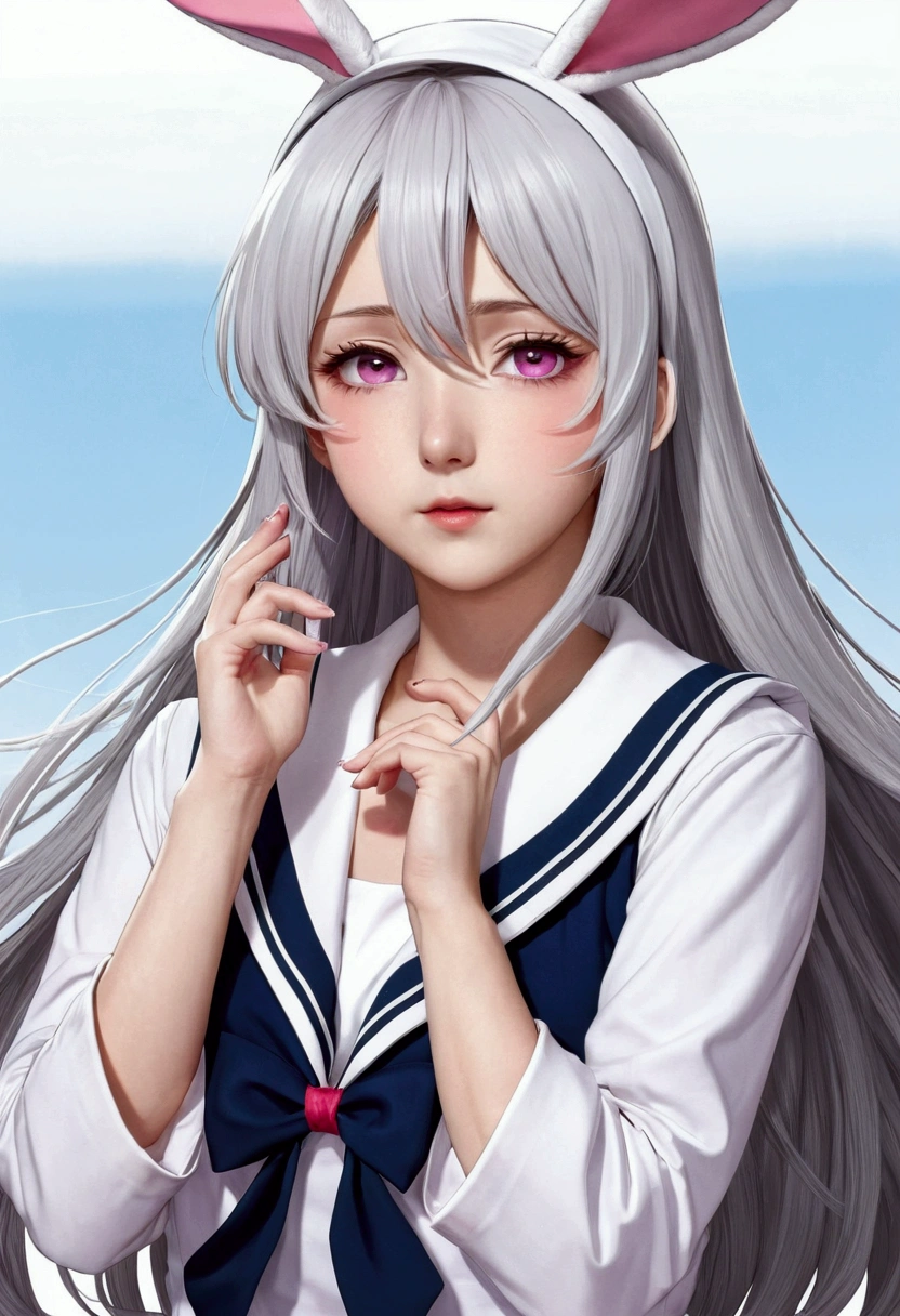 Manhwa, call girl, bunny ears, anime woman, long hair, white-gray hair, pink eyes, sailor suit