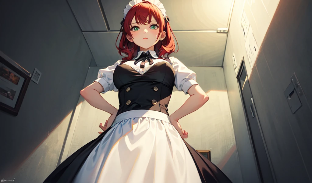 ((best quality)), ((masterpiece)), (detailed), 1girl, Beautiful maid in a bit of trouble,Angle from directly below,Hands on hips,Very attractive,Red hair,Beautiful green eyes,,There is a hole in the wall nearby.