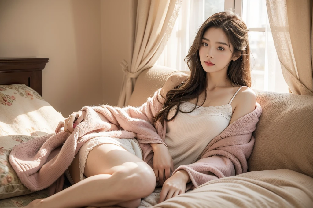 (((best quality))),(((ultra detailed))),(((masterpiece))),illustration,1girl and an elderly man, beautiful, sitting on bed, dimly lit room, cozy furniture, warm color walls, parted curtains, moonlight, wise face, warm eyes, youthful radiant face, delicate features, long flowing hair, pink sleep gown, angelic appearance, peaceful atmosphere, deep connection, family bond, mentor, body language, comfort, familiarity, girl's gaze, words of wisdom,