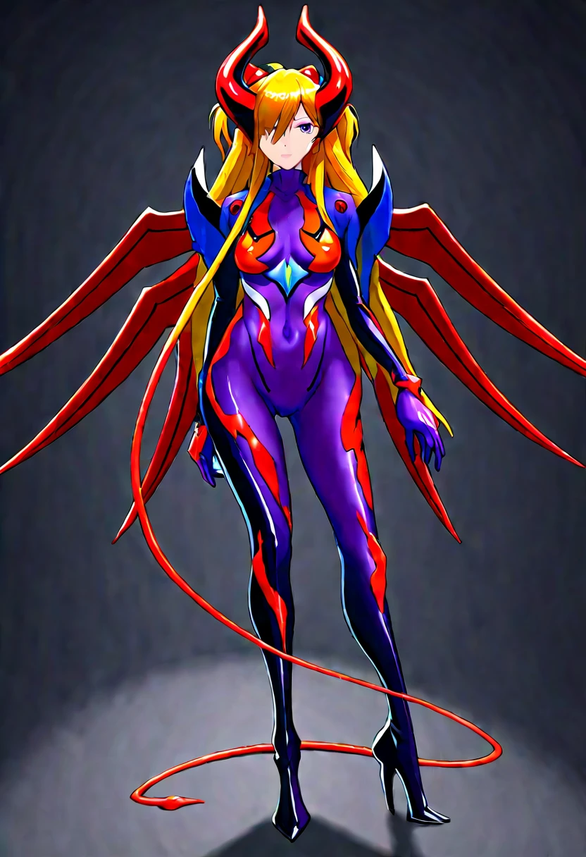 ????，Full-body concept art, 1 woman,asuka langley shikinami test plug suit，A figure fused with a dragon, witch blade motivism, evil fall, symbiote skin,  Blood vessels floating all over the body, full body suit, enemy woman, bio full skin suit, high image quality, real, high detail, 16K, purple gloves, renamon ????????, fortified suit, glossy, digimon, goddess, mature female, mistress, fox mask, masterpiece, more_details:-1, more_details:0, more_details:0.5, more_details:1, more_details:1.5
