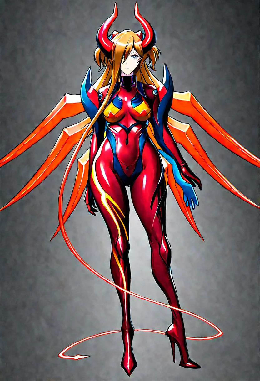 NSFW，Full-body concept art, 1 woman,asuka langley shikinami test plug suit，A figure fused with a dragon, witch blade motivism, evil fall, symbiote skin,  Blood vessels floating all over the body, full body suit, enemy woman, bio full skin suit, high image quality, real, high detail, 16K, purple gloves, renamon bodysuit, fortified suit, glossy, digimon, goddess, mature female, mistress, fox mask, masterpiece, more_details:-1, more_details:0, more_details:0.5, more_details:1, more_details:1.5