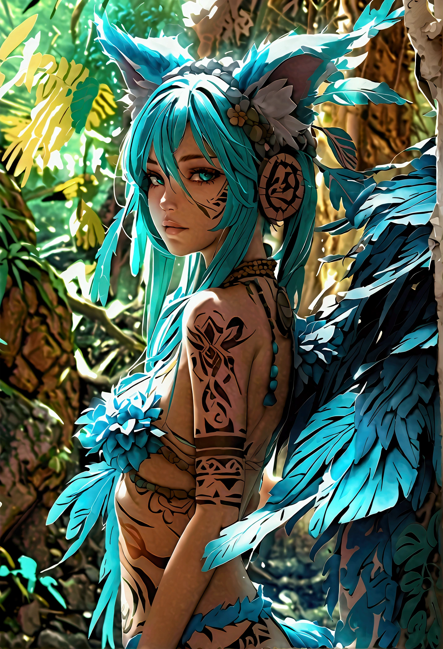 Miku Hatsune, add high definition add_detail:1, blue fur,kitsune ears, tribal tattoo add_detail:1, in ruins in the jungle, barefoot, tribal costume add_details:1, giant aquamarine feather wings_detailsl:1 ,alas hermosas la mejor calidad y detail en las plumas, add blue saturation light_detailsl, sensual pose, pupilas con gran detail, definition in each structure of the eye, iris color aqua add_detail:1