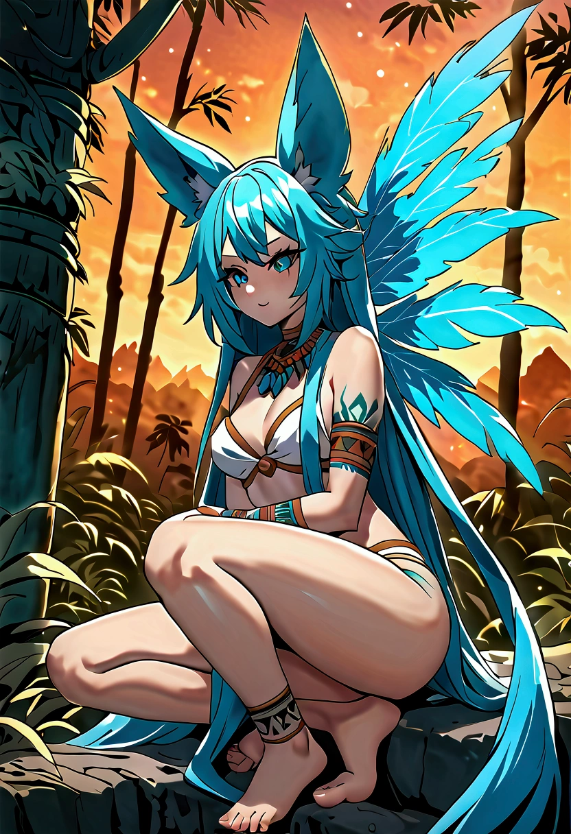 Miku Hatsune kitsune furry, add high definition add_detail:1, blue fur,kitsune ears, tribal tattoo add_detail:1, in ruins in the jungle, barefoot, tribal costume add_details:1, giant aquamarine feather wings_detailsl:1 ,alas hermosas la mejor calidad y detail en las plumas, add blue saturation light_detailsl, sensual pose