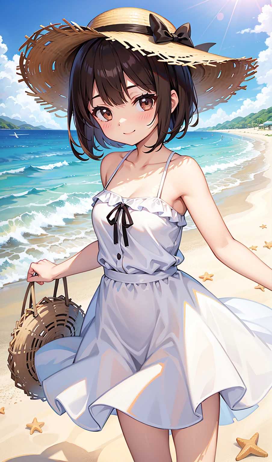 (One girl)、smile、turn around、beach、White dress、Straw hat、Dark brown short hair、Dark brown eyes