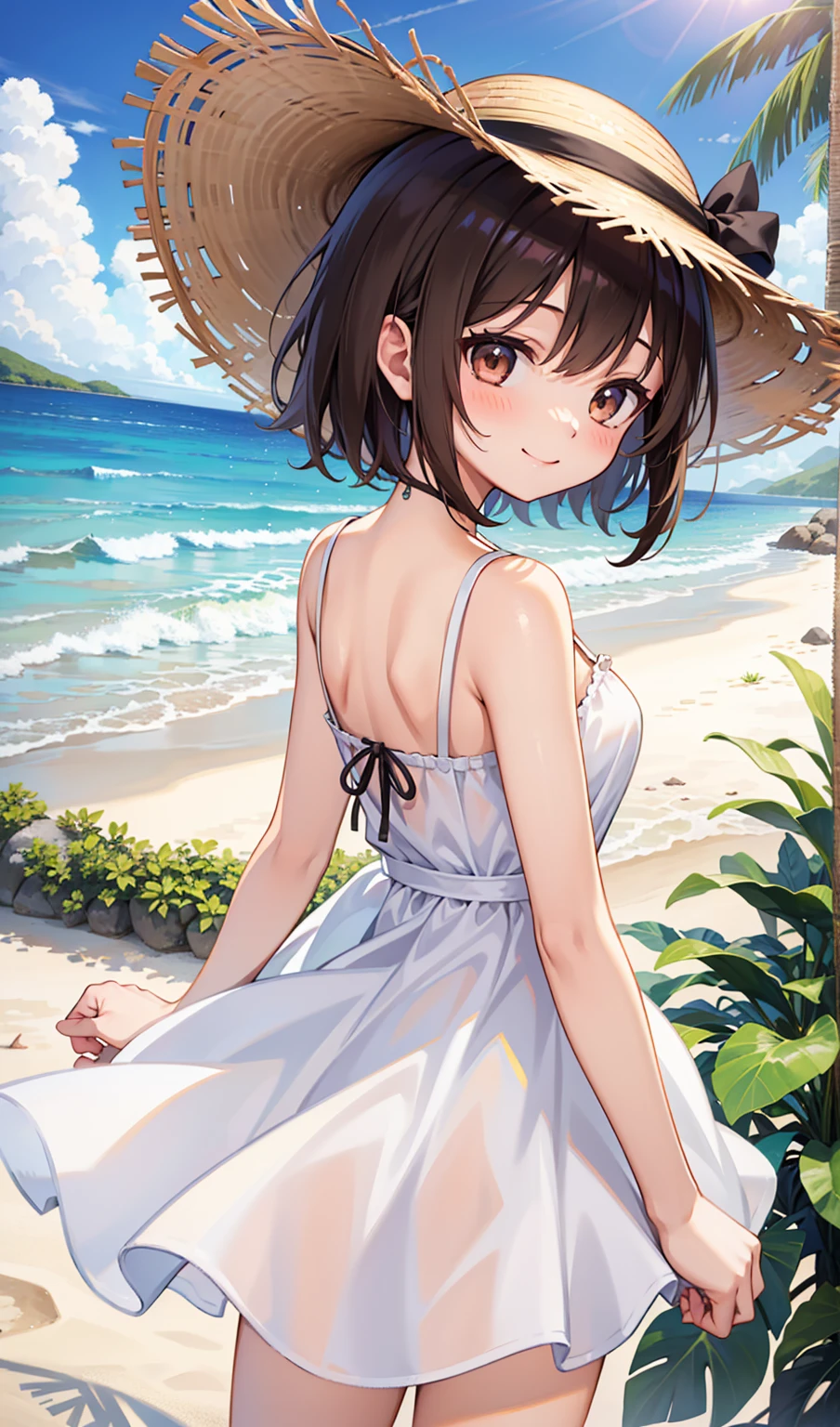 (One girl)、smile、turn around、beach、White dress、Straw hat、Dark brown short hair、Dark brown eyes