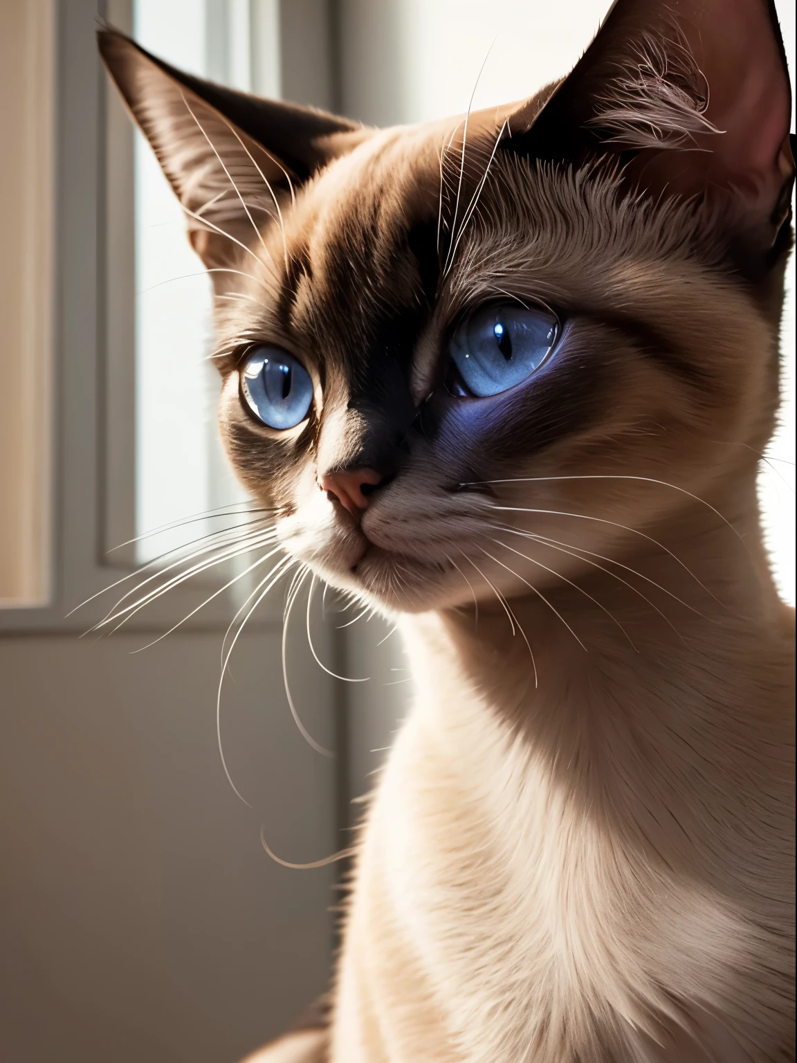 Siamese cat, house cat, close-up shot of face, sitting, white room, 