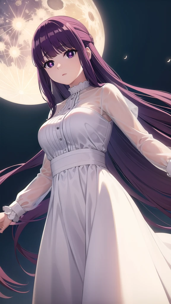BREAK looking at viewer, BREAK (masterpiece:1.2), best quality, high resolution, unity 8k wallpaper, (illustration:0.8), (beautiful detailed eyes:1.6), extremely detailed face, perfect lighting, extremely detailed CG, (perfect hands, perfect anatomy)fern, long hair, bangs, (purple eyes:1.1), purple hair, sidelocks, blunt bangs, (bright pupils:1.5),castle,night,moon,starfall, half updo,
long sleeves, dress, white dress, long dress,wet dress, cleavege,neckline,