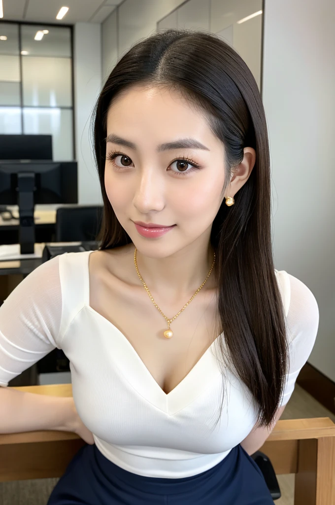 company office,executive secretary,okinawa,((full body)),((photo)),((best qualtiy, 8K, tmasterpiece:1.3)), Focus:1.2, perfect figure beautiful girl:1.4,1girl,cowboy shot,look at viewer, eyes facing the camera,incredibly absurd, beautiful and cute girl with a photorealistic face, showcasing top-quality craftsmanship, Japanese woman working in an office, 22 years old, hairstyle is black bob hair, inward curling hair reaching the jaw line, thin and soft hair, wide forehead with beautiful hairline, thin eyebrows, large almond-shaped eyes, light brown eyes, long eyelashes, double eyelids, straight nose, small lips, smile with upturned corners, fair and translucent skin, plump cheeks, cute impression, glamorous, tall, well-balanced proportions, large E-cup breasts, beige V-neck knit, white tight skirt, heeled pumps, pearl necklace and earrings, small bag, gold watch, beautiful, pretty older woman, neat, serious, hardworking, kind, considerate, highly trusted by those around her, April