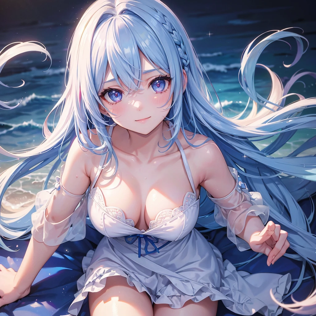 (Sky blue one braid hair),Magenta eyes,Fair skin ,(whole body),(One girl),比基尼,Sparkling white sand beach in midsummer,Ocean,happy smile,,(masterpiece, Highest quality, Very detailed, Best Shadow), (Detailed Background), (Beautifully detailed face), High Contrast, (Best lighting, Very delicate and beautiful), ((Cinematic Light)), colorful, Hyper Detail, Dramatic Light, Intricate details,