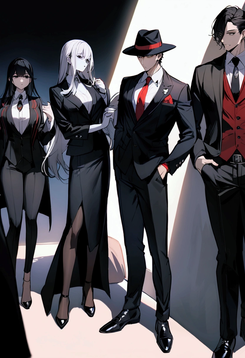 Masterpiece, boys, girls, white skin, black eyes, they have black hair, white shirt, black suits, black trousers, black shoes, black long jacket with white fur, black fedora hat, red tie, sharp gaze, he's the mafia boss of the strongest mafia group, wolf logo, both hands put in pockets, with his girl, she holds his hand,