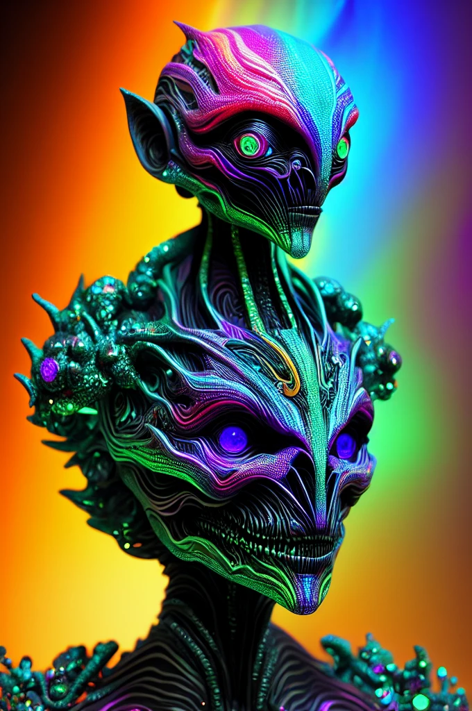Alien figures, Long limbs and large, Glowing psychedelic eyes, Swirl, Vibrant background with neon colors and intricate patterns. The skin texture is very detailed, Sparkling, Changes depending on the angle、Out of this world texture. That attitude is interesting, Staring intently at the viewer, His gaze is full of mystery and surprise.. This image is rendered in stunning, psychedelic detail., Each color and shade is carefully crafted.、It invites the viewer into another world。. 8K resolution and meticulously designed lighting, Every groove and ridge on the alien's surface is brought to life,