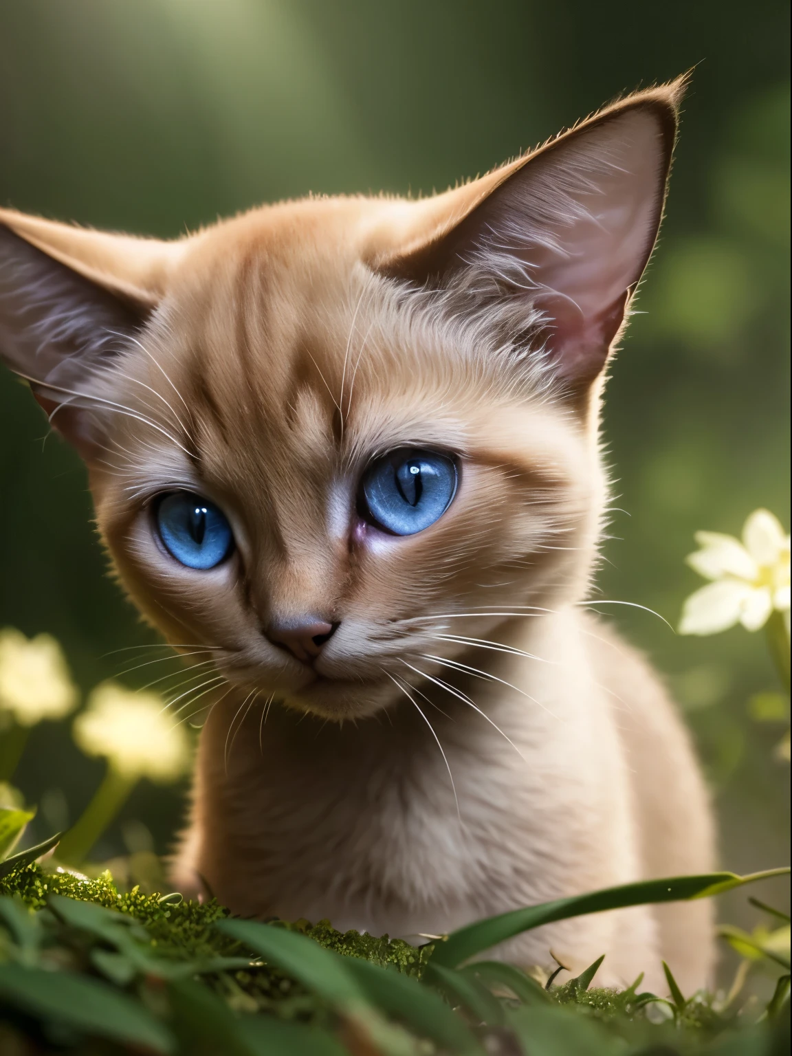 Close-up of Siamese cat in the enchanted forest, natta, glowworm, Volumetric haze, Halo, florals, Dramatic atmosphere, concentrating, the rule of thirds, 200mm macro emission 1.4 tons