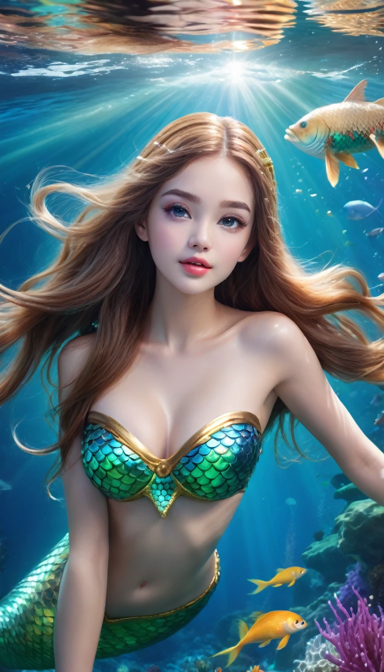 (Best Quality,4k,8k,high resolution,Masterpiece:1.2),ultra detailed,(realist,photorealist,photo-realist:1.37),（whole body：1.3）mermaid princess, detailed face, pretty eyes, long eyelashes, delicate lips, Elegant hairstyle, shiny scales, loose hair underwater, marine creatures background, fantasy underwater scene, vibrant colors, dramatic lighting, soft focus, ethereal atmosphere