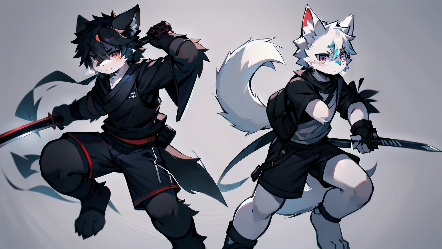 White Wolf，black hair，Red eyes，Wolf ears，Wolf Tail，juvenile，male，hairy，Hair，Half body armor，Combat uniform，Silver and black clothing，Handsome，Handsome，shorts，The forearm is exposed，leg，Fighting Stance，Duel，Two people，Anxious，Armed with a sword，Simple background，Swords
