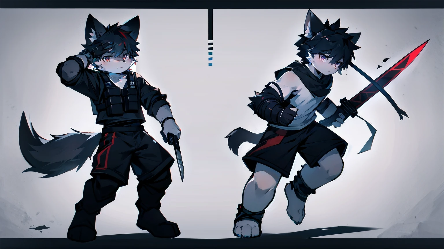 White Wolf,black hair,Red eyes,Wolf ears,Wolf Tail,juvenile,male,hairy,Hair,Half body armor,Combat uniform,Silver and black clothing,Handsome,Handsome,shorts,The forearm is exposed,leg,Fighting Stance,Duel,Two people,Anxious,Armed with a sword,Simple background,Swords
