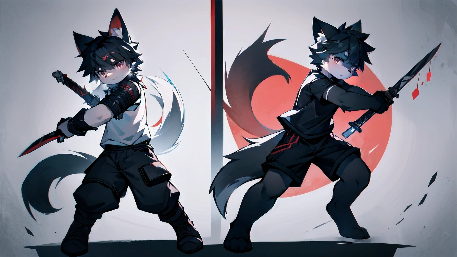 White Wolf，black hair，Red eyes，Wolf ears，Wolf Tail，juvenile，male，hairy，Hair，Half body armor，Combat uniform，Silver and black clothing，Handsome，Handsome，shorts，The forearm is exposed，leg，Fighting Stance，Duel，Two people，Anxious，Armed with a sword，Simple background，Swords