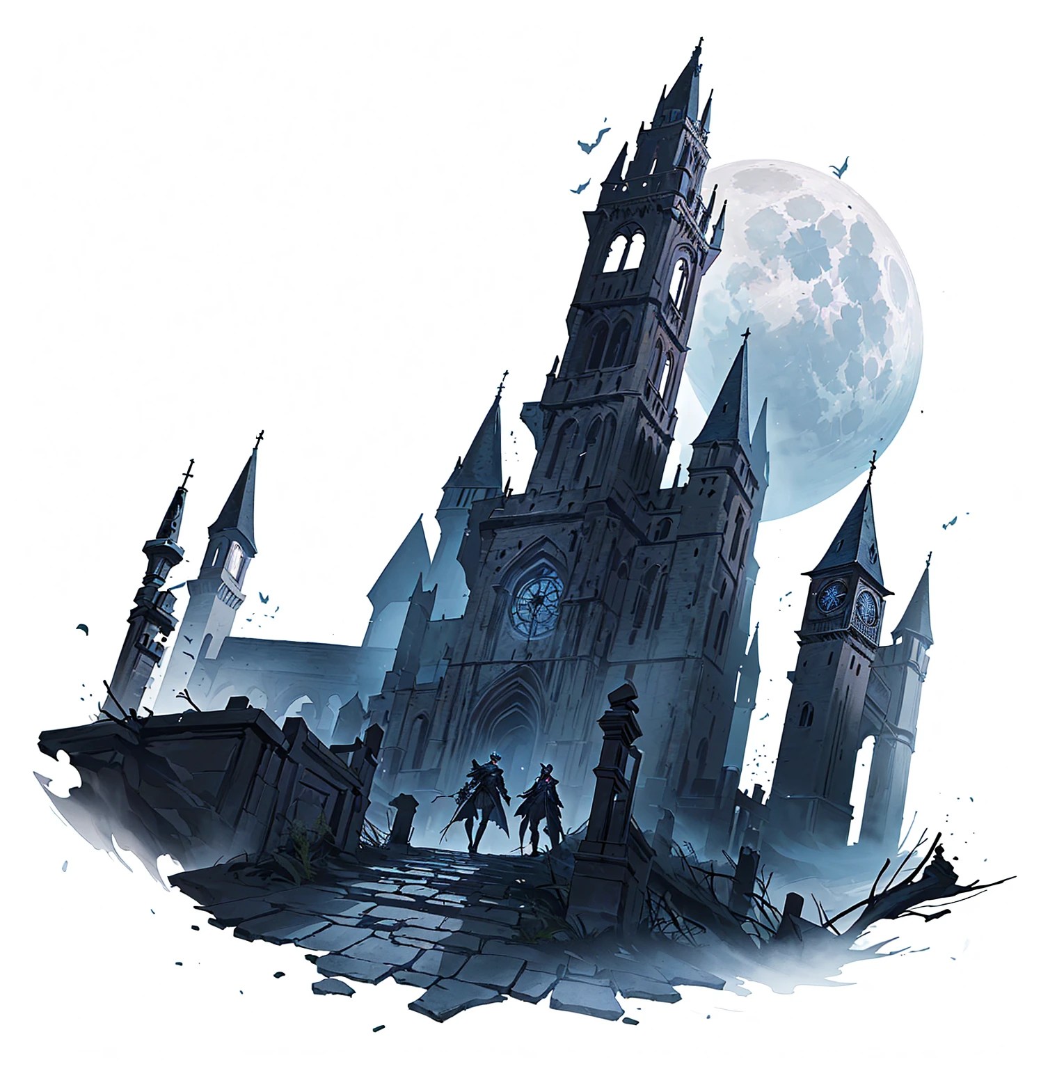 There is a black and white photo，Above is a castle with a bell tower, shadowy castle background, Castle scene cartoon,Fifth personality style,Anime style， Dark Castle Background, Moon Painted Tower, Inspired by Castlevania, Dark Castle Setting, Bloodborne Art, Bloodborne Cathedral, background technology, Gothic castle, Bloodborne concept art, Bloodborne style, Hollow Knight concept art, scarry castle). mystery