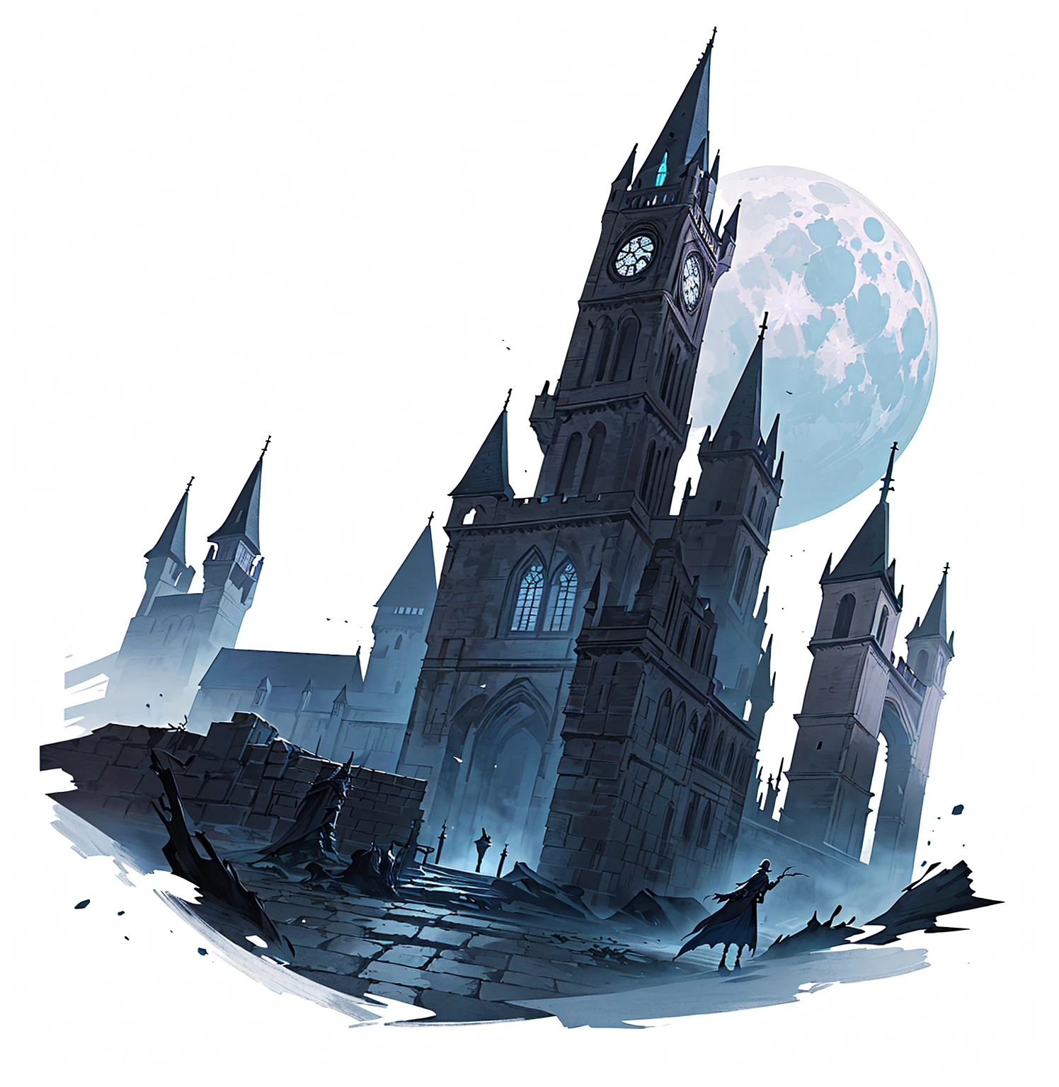 There is a black and white photo,Above is a castle with a bell tower, shadowy castle background, Castle scene cartoon,Fifth personality style,Anime style, Dark Castle Background, Moon Painted Tower, Inspired by Castlevania, Dark Castle Setting, Bloodborne Art, Bloodborne Cathedral, background technology, Gothic castle, Bloodborne concept art, Bloodborne style, Hollow Knight concept art, scarry castle). mystery