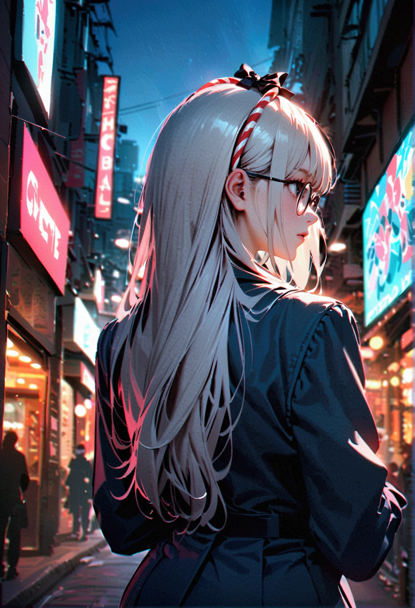 A white-haired woman with bangs, long hair, a black bow on her head, a blue suit, wearing round black glasses with candy canes, her back turned halfway in the middle of the city during the day.