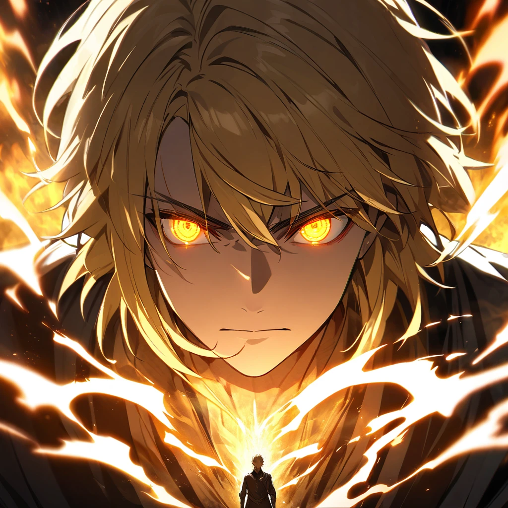 male, solo, handsome, blond hair, god, god eyes, glowing eyes, light, aura, holo, golden eyes, holo