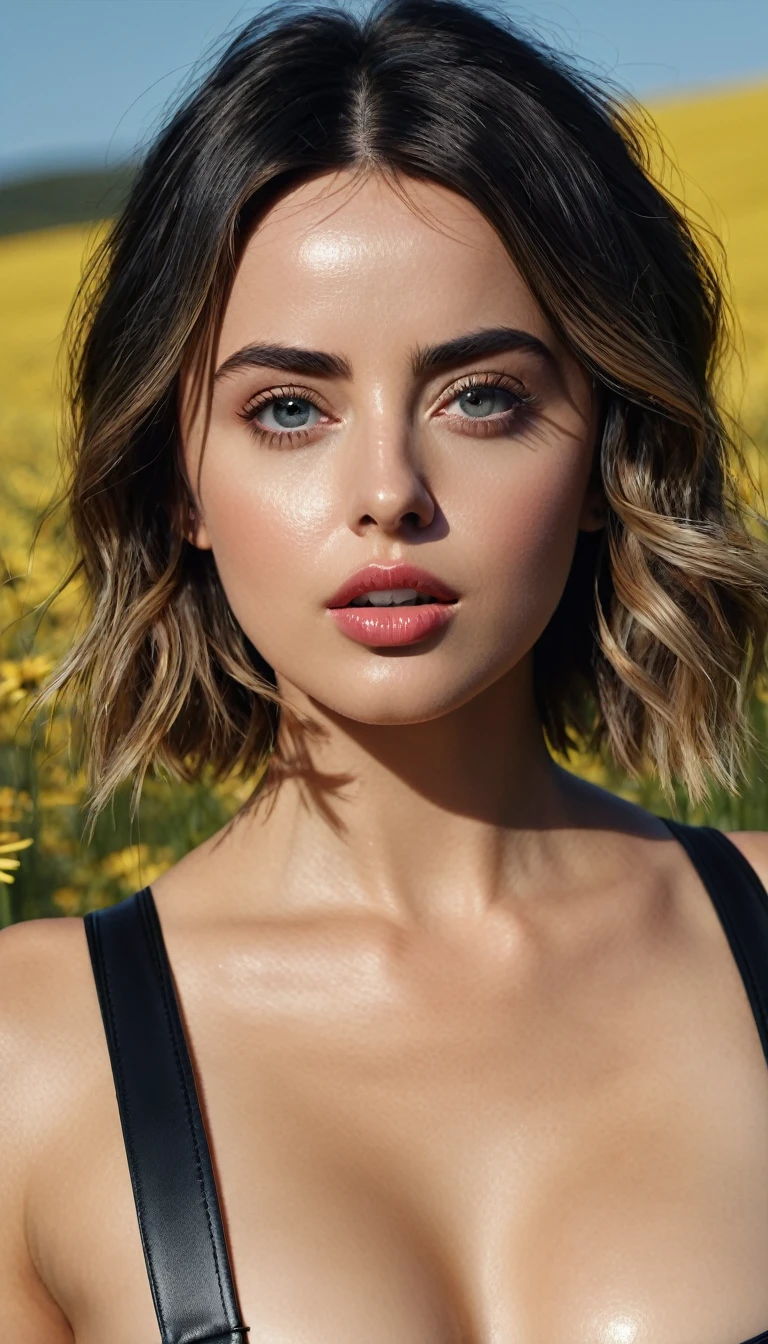 ana de armas, 8K, masterpiece, RAW-Foto, best quality, photorealestic, extrem detailliertes CG Unity 8K-Hintergrundbild, depth of field, cinematic light, Lens reflection, Raytracing, (Extremely beautiful face, Beautiful lips, beautiful eyes), Face with intricate details ((ultra-detailed skin)), (Very thin, slim and muscular body: 1.3), Bikini Top, (black latex dungarees:1.2), Full body shots, Viewers look at, Background in a field, sfw:1.1