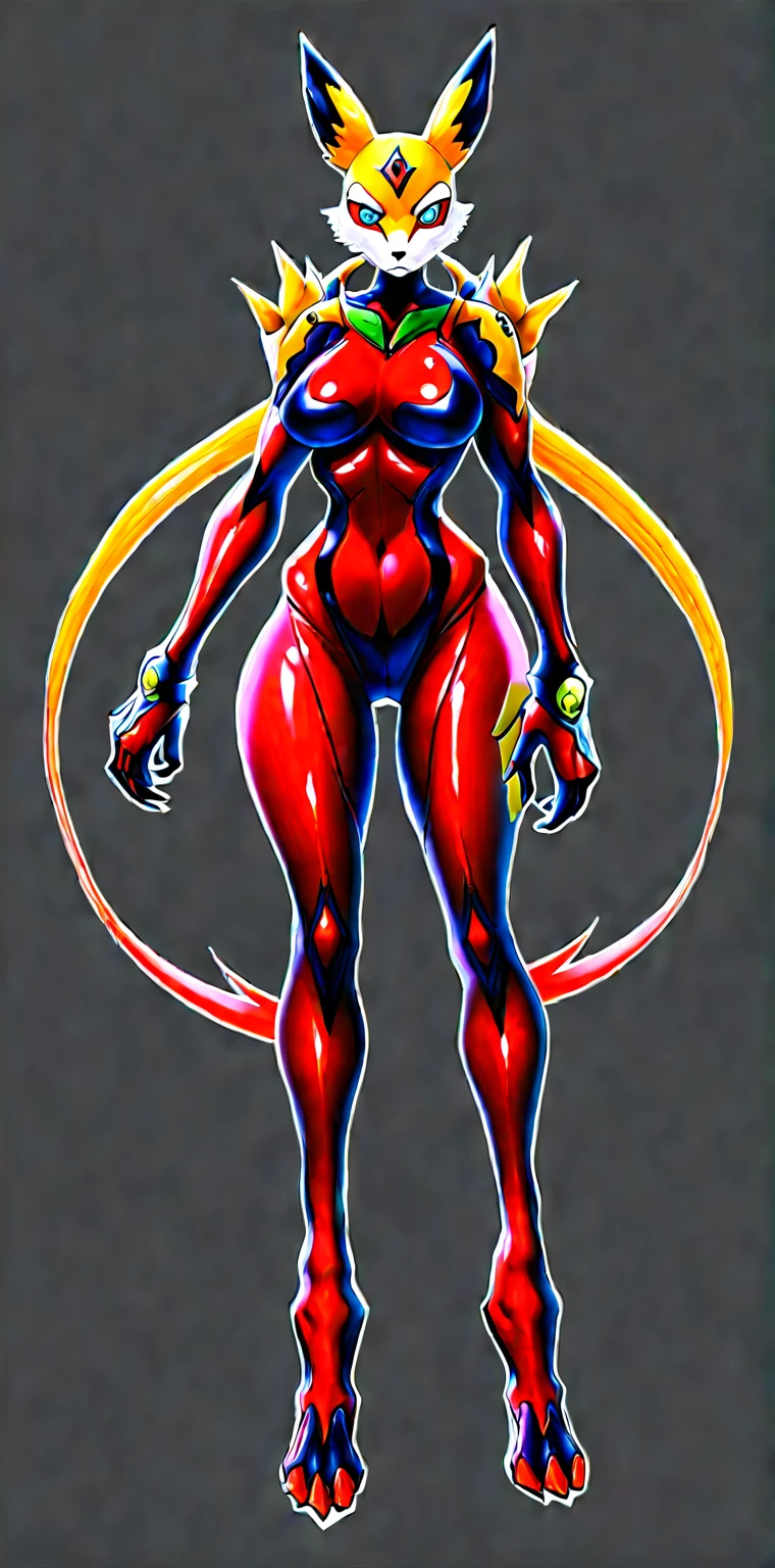 ((Whole body):1.5), NSFW，browsing caution, whole body concept art, {(((1 Woman fused with renamon))}, {Wear renamon Skin's full body suit and renamon Skin's full face mask)}, {((Fusion with renamon))}, {((Life Clothes)}, {((Fallved into Evil, Fox Monster)}, {((Yellow Full Skin Suit))}, 16K, High quality, Attention to details, Ultra High Resolution,Full-body concept art, 1 woman,A figure fused with a dragon, witch blade motivism, evil fall, symbiote skin,  Blood vessels floating all over the body, yellow and purple full body suit, enemy woman, bio full skin suit, high image quality, real, high detail, 16K, purple gloves, renamon bodysuit, fortified suit, glossy, digimon, goddess, mature female, mistress, fox mask, masterpiece, more_details:-1, more_details:0, more_details:0.5, more_details:1, more_details:1.5