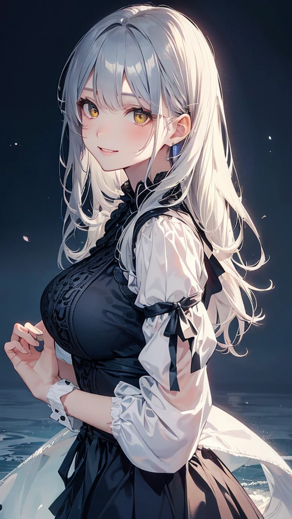 female、Large、Slender、Large Breasts、solo、Gothic Dress、Open the chest、Expose your breasts、Solitary、adult、beautiful、ephemeral、Golden Eyes、long-haired white color、White eyelashes、Strings、Becoming a puppet、Doll body、The Body of the Organ、Ceramic Body、Atypical Structure、unrealistic、Horror、crack、hung by a thread、Thin Thread of Steel