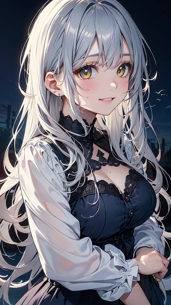 masterpiece、Highest quality、High resolution、High-quality images、8K, 12-year-old girl、Skin Radiance、Texture of skin and clothing、Expression of fine eyes、Silver Hair,Long Hair Girl, Calm illustration、dress, Beautiful yellow eyes, Fuller lips, Gorgeous face with attention to detail, (Cute Smile), charm, Innocent, Side view, (Perfectly detailed face), (Beautiful Hands) Photorealistic images, Written boundary depth, moonlight、Big Breasts