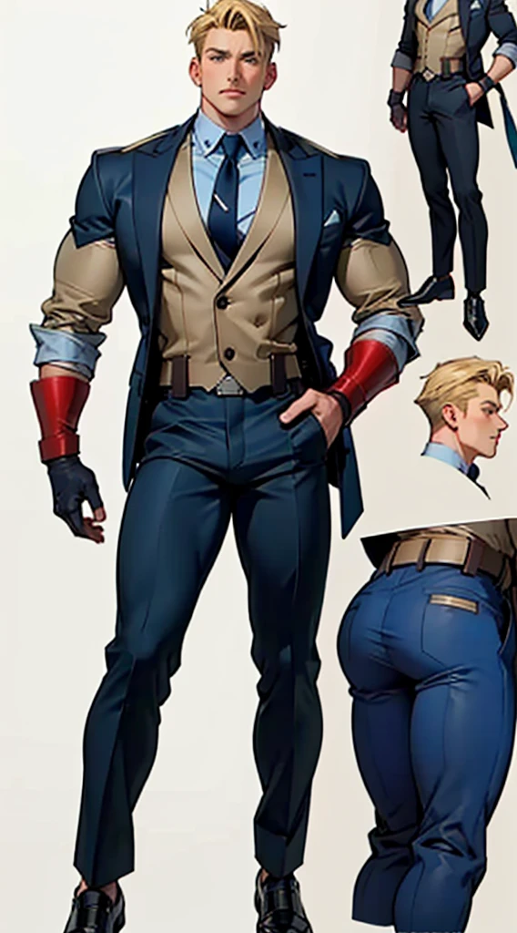 A model sheet of a muscular adult Captain America, short blonde hair in a very light tone, shaved neck. He wears a light beige suit-style outfit., navy blue blouse underneath and black tie. black pants and black shoes. Using detailed gauntlets. in different poses, various face angles, Facial expressions. 8k quality.