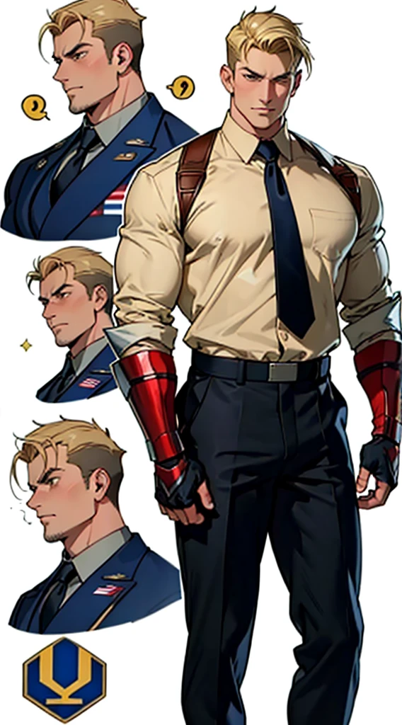 A model sheet of a muscular adult Captain America, short blonde hair in a very light tone, shaved neck. He wears a light beige suit-style outfit., navy blue blouse underneath and black tie. black pants and black shoes. Using detailed gauntlets. in different poses, various face angles, Facial expressions. 8k quality.