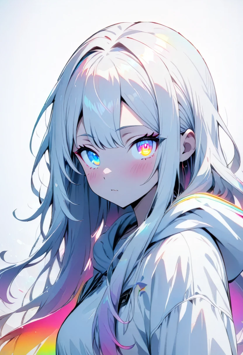 [(WHITE BACKGROUND:1.5)], ((masterpiece)), high quality, ((solo)), ((1 younger girl)), (white color long hair), (rainbow color eye), bright skin, white parka, upper body, ((anime style)), 