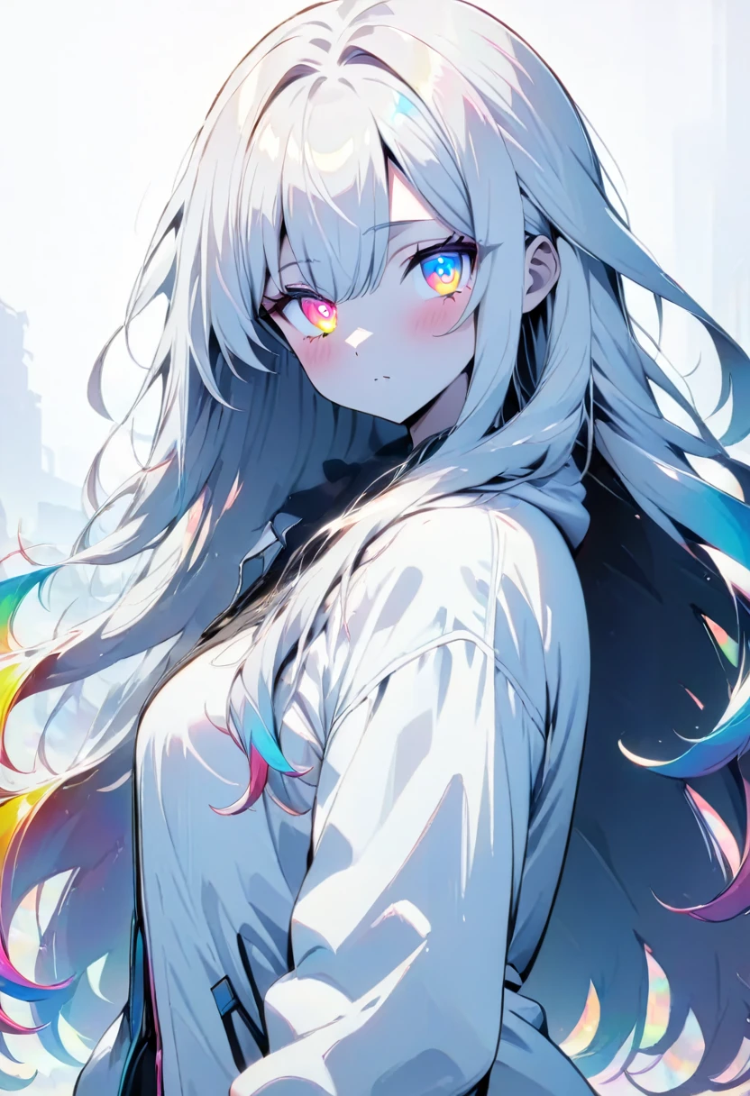 [(WHITE BACKGROUND:1.5)], ((masterpiece)), high quality, ((solo)), ((unger girl)), (white color long hair), (rainbow color eye), bright skin, white parka, upper body, ((anime style)), 