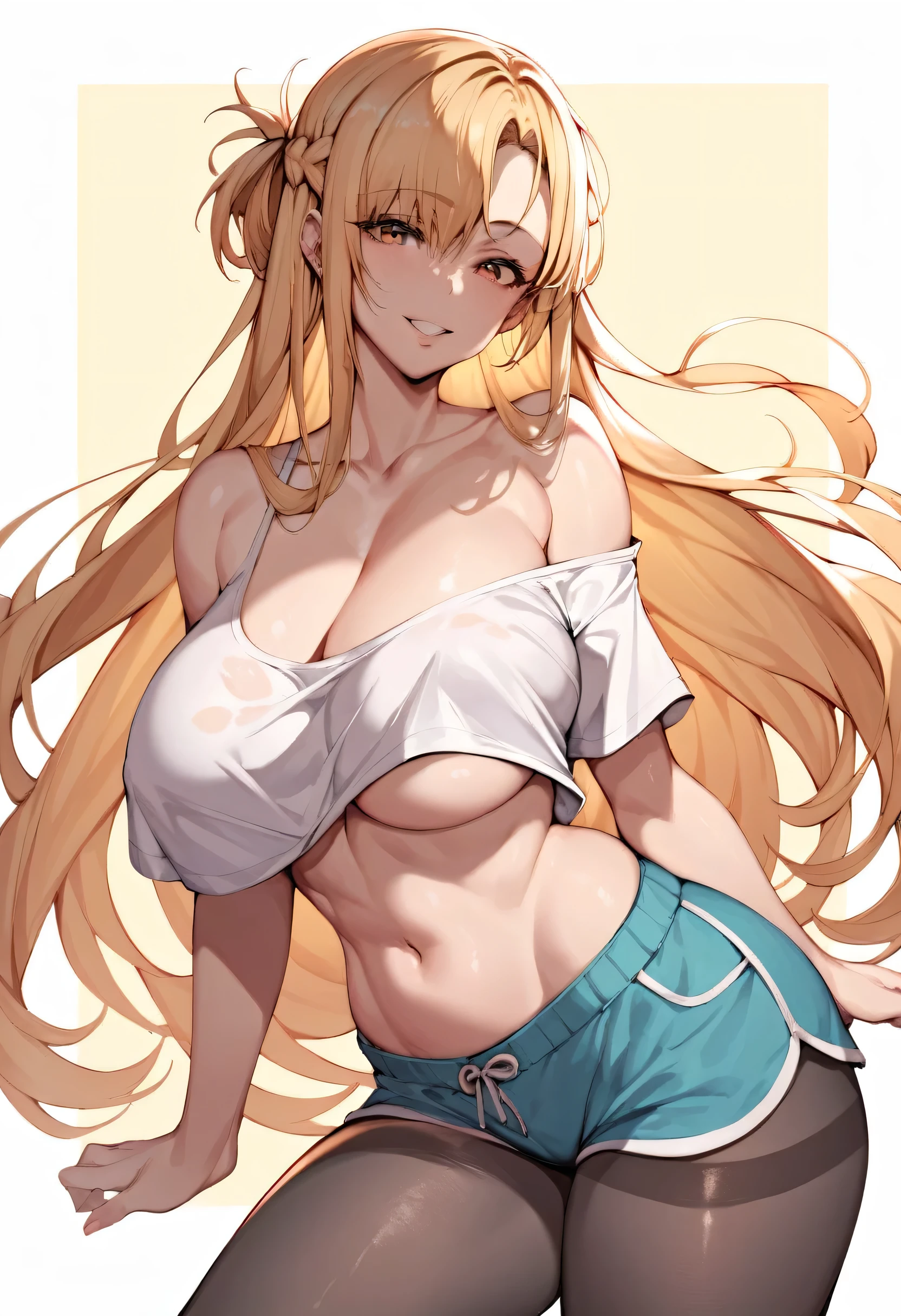 masterpiece, best quality, SimplePositiveXLv2, yuuki asuna, 1girl, solo, long hair, breasts,  large breast, curvy, blonde hair, cleavage, loose shirt, dolphin_shorts, pantyhose, bare shoulders, underboob