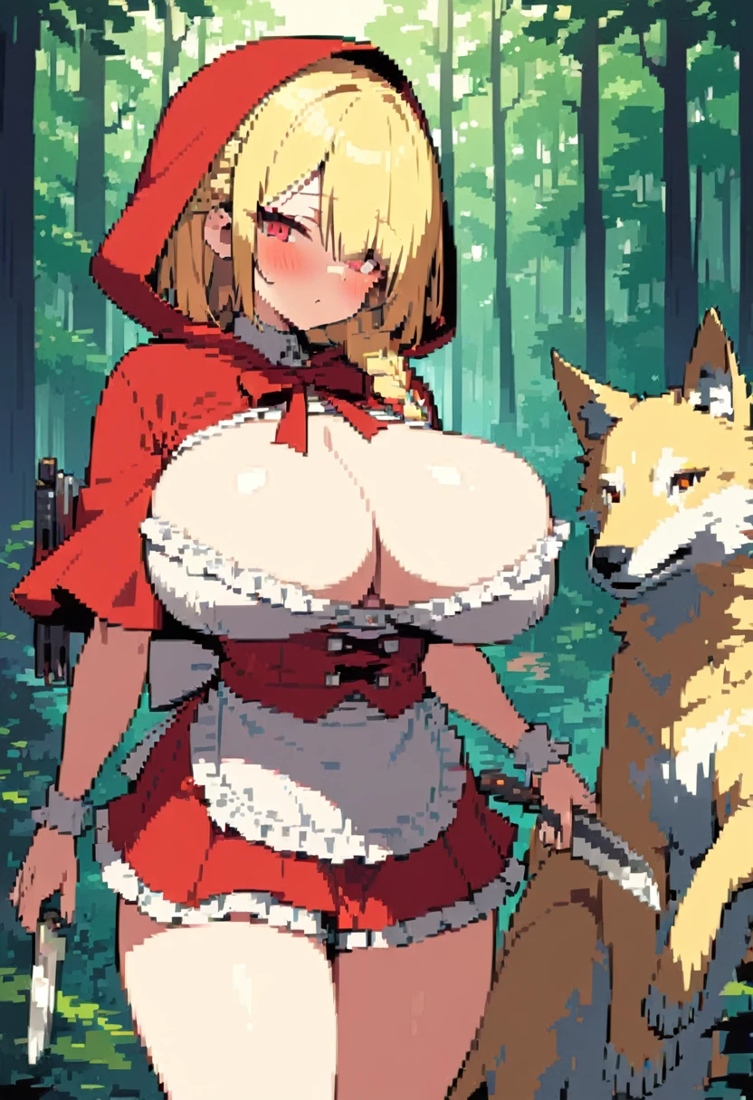 masterpiece, Highest quality, 8K, Little Red Riding Hood, Blonde, Braid, One eye is hidden, ((Big Breasts)), blouse, Frills, apron, mini skirt, flare skirt, Darker, knife, Two-Way, Armed, Weapons crossed in front of chest, Follows the wolf, in the forest, dim