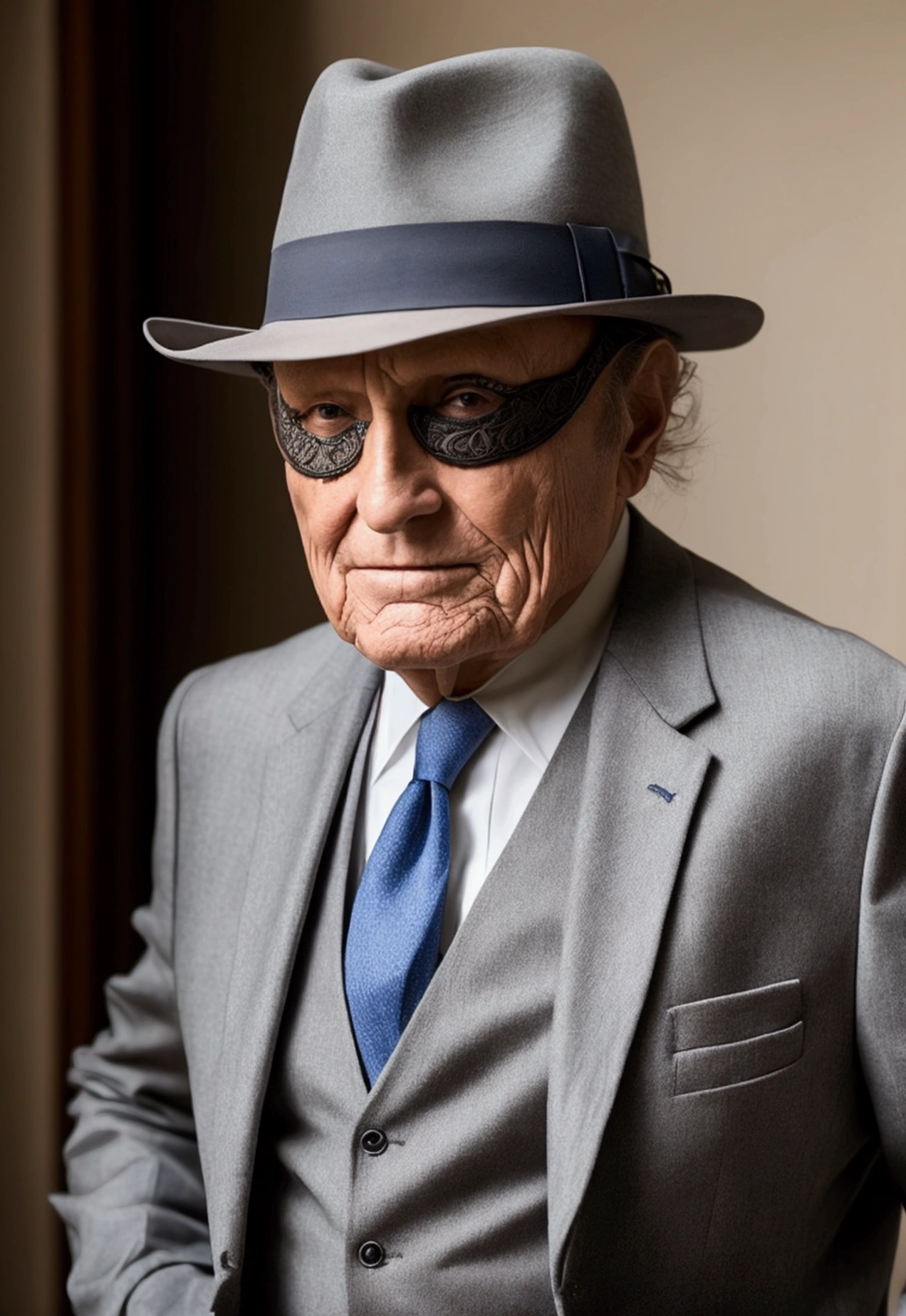 a rich old man in a suit, only upper body, with a fedora , mask on his face