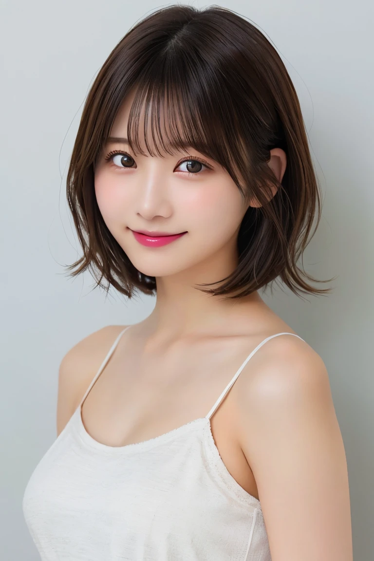 Highest quality(beautiful)、乳首がみえるまで下に下げたcamisole、Brown eyes、22-year-old female、smile、Gal、Semi-short hair、camisole、Natural Lip、Soft Breasts、