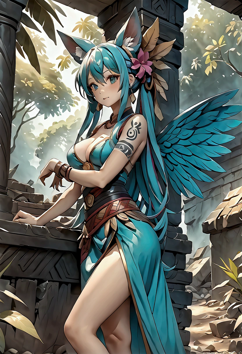 Miku Hatsune, add high definition add_detail:1, blue fur,kitsune ears, tribal tattoo add_detail:1, in ruins in the jungle, barefoot, tribal costume add_details:1, giant aquamarine feather wings_detailsl:1 ,alas hermosas la mejor calidad y detail en las plumas, add blue saturation light_detailsl, sensual pose