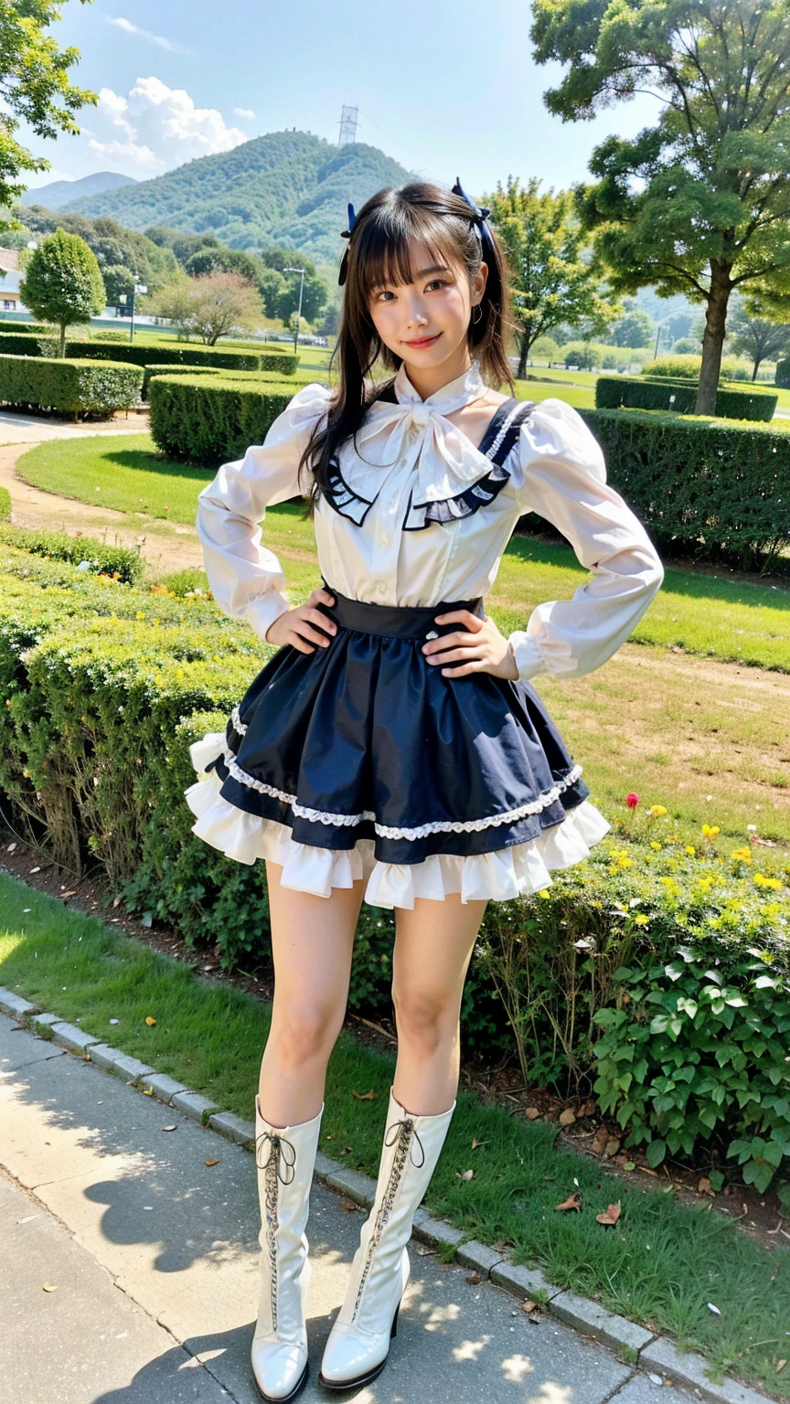 (8K、RAW Photos、Highest quality、masterpiece:1.2)、(Highest quality、Realistic)、1 Girl、((ribbon、Sweater Moon Costume、See-through、Frills、Big Breasts、Breast enlargement、smile、light blue、mini skirt、Thin legs、whole body、boots、garden、View from the front、Looking into the camera、Idol Costume、Stand with hands on hips))、cute