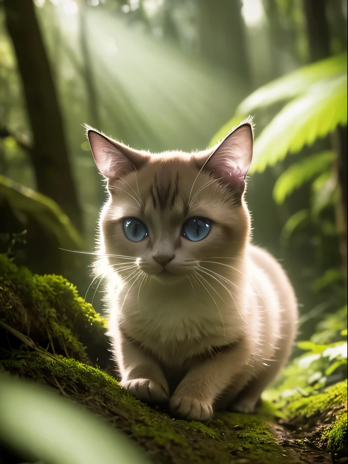 Close-up of Siamese cat in the enchanted forest, natta, glowworm, Volumetric haze, Halo, florals, Dramatic atmosphere, concentrating, the rule of thirds, 200mm macro emission 1.4 tons